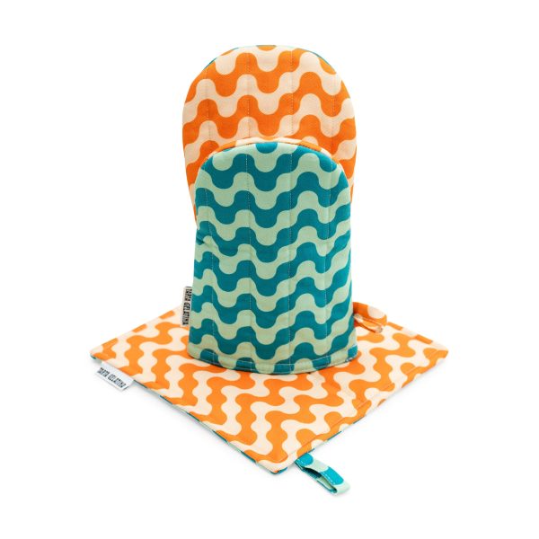 Reversible Pattern Oven Mitt & Potholder - Set of 2 - Orange/ Blue