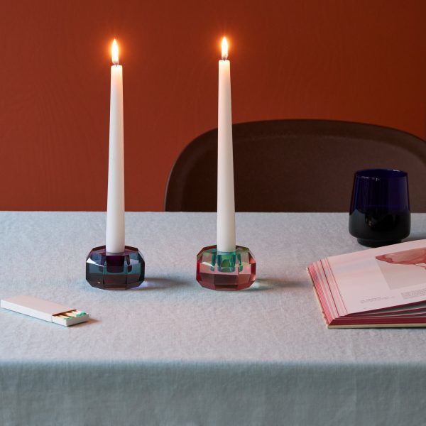 Faceted Octagon Crystal Candleholder - Peach/ Teal