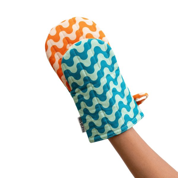 Reversible Pattern Oven Mitt & Potholder - Set of 2 - Orange/ Blue
