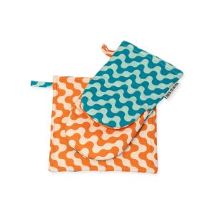 Reversible Pattern Oven Mitt & Potholder - Set of 2 - Orange/ Blue