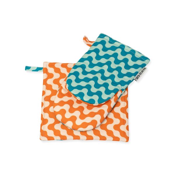 Reversible Pattern Oven Mitt & Potholder - Set of 2 - Orange/ Blue